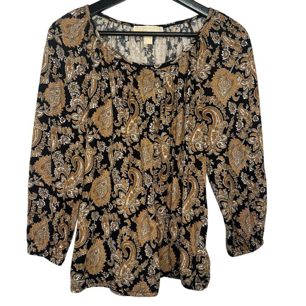 Michael Kors Paisley Knit Top size Small Black Gold Knit 3/4 Sleeve Old Money